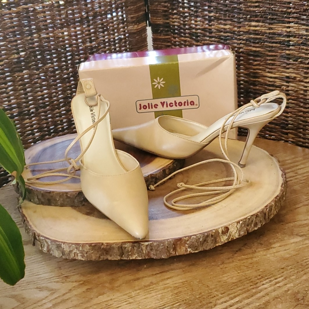 Wrap Tie Ankle Kitten Heel Pointed Toe Beige Heels